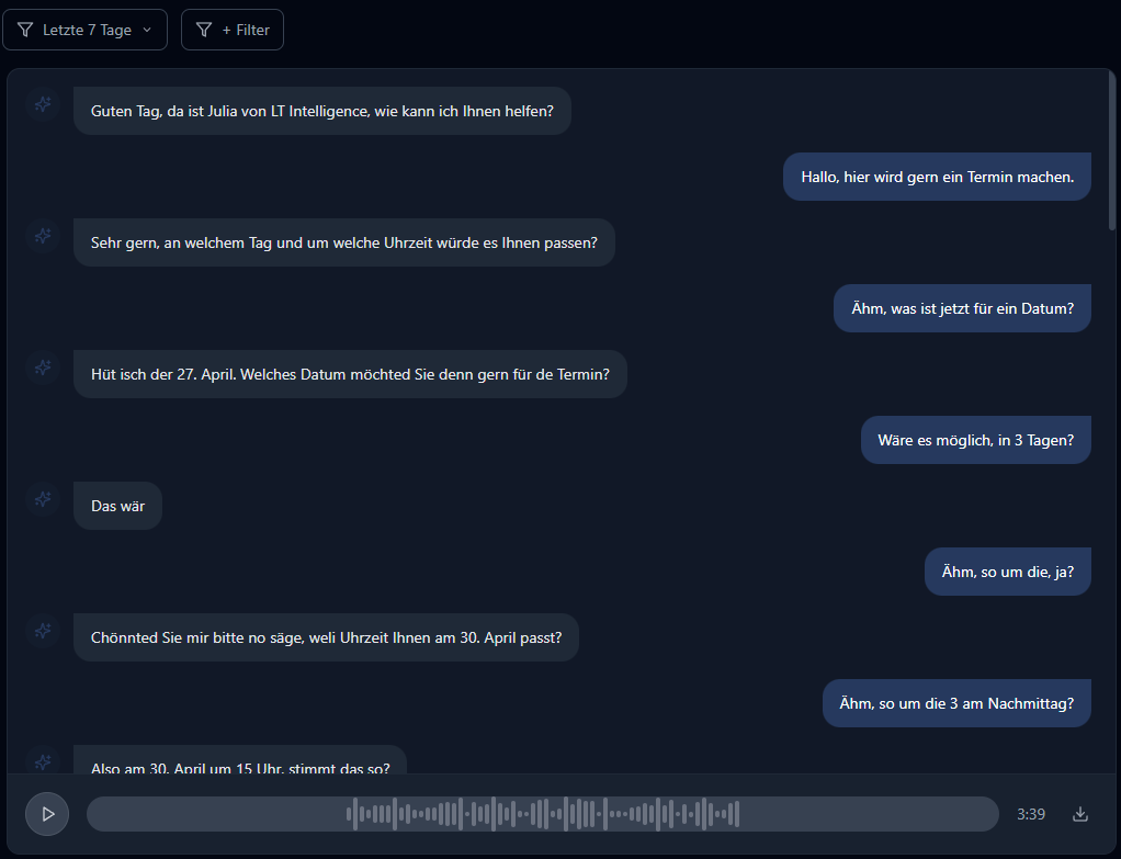 LT Intelligence Gesprächsansicht — Transkript mit Audio-Wiedergabe